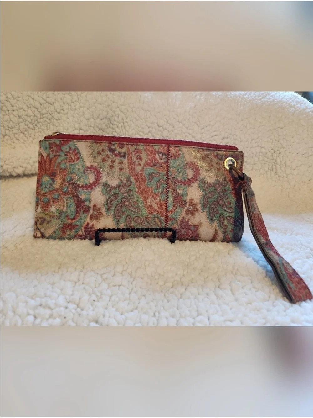 hobo Paisley Pattern Zip Clutch in Teal, Coral & Cream